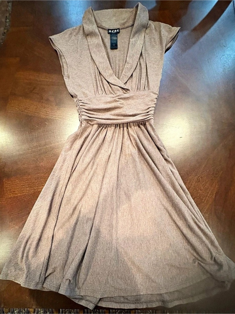 BCBG Paris XS Taupe Draped Wrap Waist Flare Dress